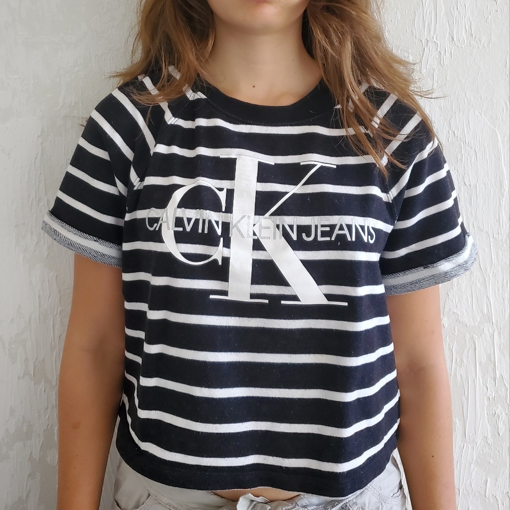 Calvin Klein black and white stripes cropped tee